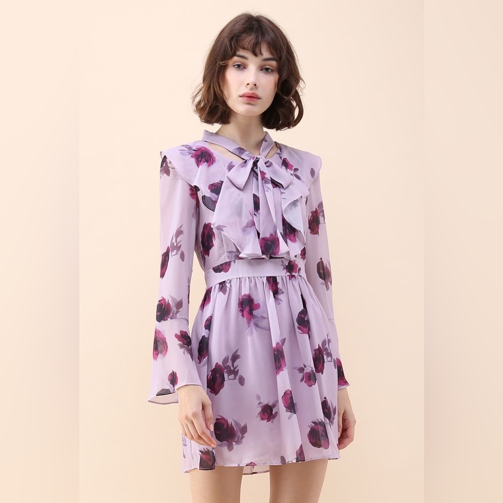 Chicwish REDDISH ROSE RUFFLE CHIFFON DRESS WITH BELL SLEEVES - Picture 7 of 12